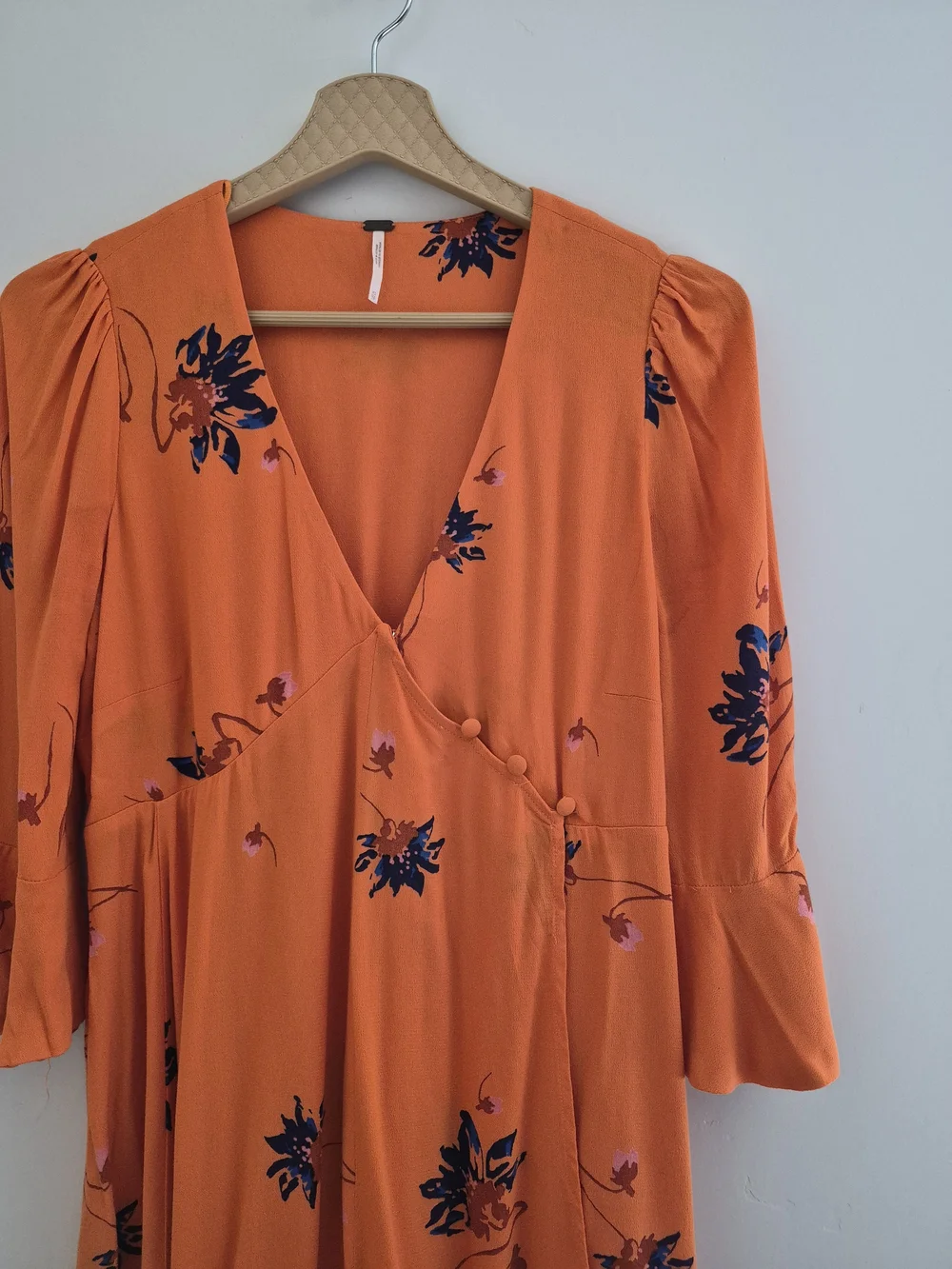 New Free People Orange Floral Wrap Front Bell Sleeve Swing Dress XS